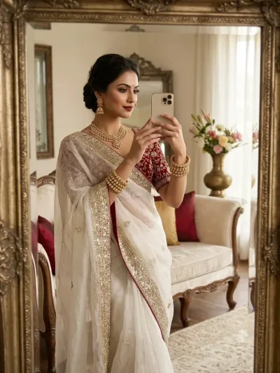 Cream Multi-Thread Heavy Embroidery Soft Space Silk Saree